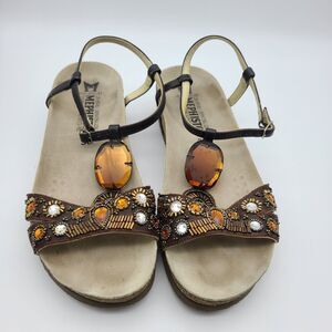 Mephisto women Sandals Ankle Strap wedge Comfort Leather jeweled brown sz 6 36